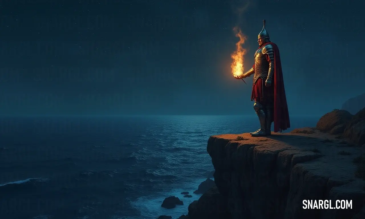 A daring flame, dressed in a vivid red cape, surveys the moonlit ocean from her cliff-side perch, enveloped in the beauty of a starry night, inspiring awe and reverence for the endless sea. An eternal flame clad in a striking red cape stands poised on a cliff overlooking the vast ocean, illuminated by the full moon's glow as night blankets the world in an air of mystique.