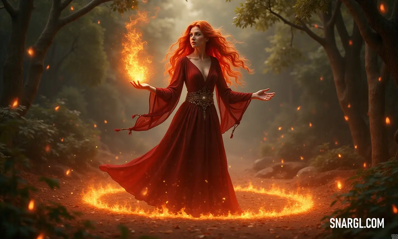 At the center of a mystical forest, an eternal flame dressed in vibrant red exudes strength and elegance, surrounded by dancing fireballs that illuminate the enchanting scenery all around her. An eternal flame in a striking red dress stands amidst a magical forest filled with swirling fireballs, her outstretched arms radiating power and grace against the enchanting backdrop of nature and fire.