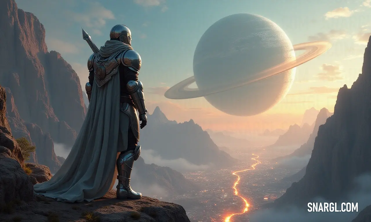 In a sleek suit, the Eternal Flame stands on a cliff, admiring a ringed planet in the night sky, exemplifying the allure of adventure and the boundless wonders of the cosmos. Dressed in a sharp suit, the Eternal Flame stands against the backdrop of a captivating planet with rings, gazing beyond the horizon, symbolizing adventure, mystery, and the endless possibilities that await in the universe.