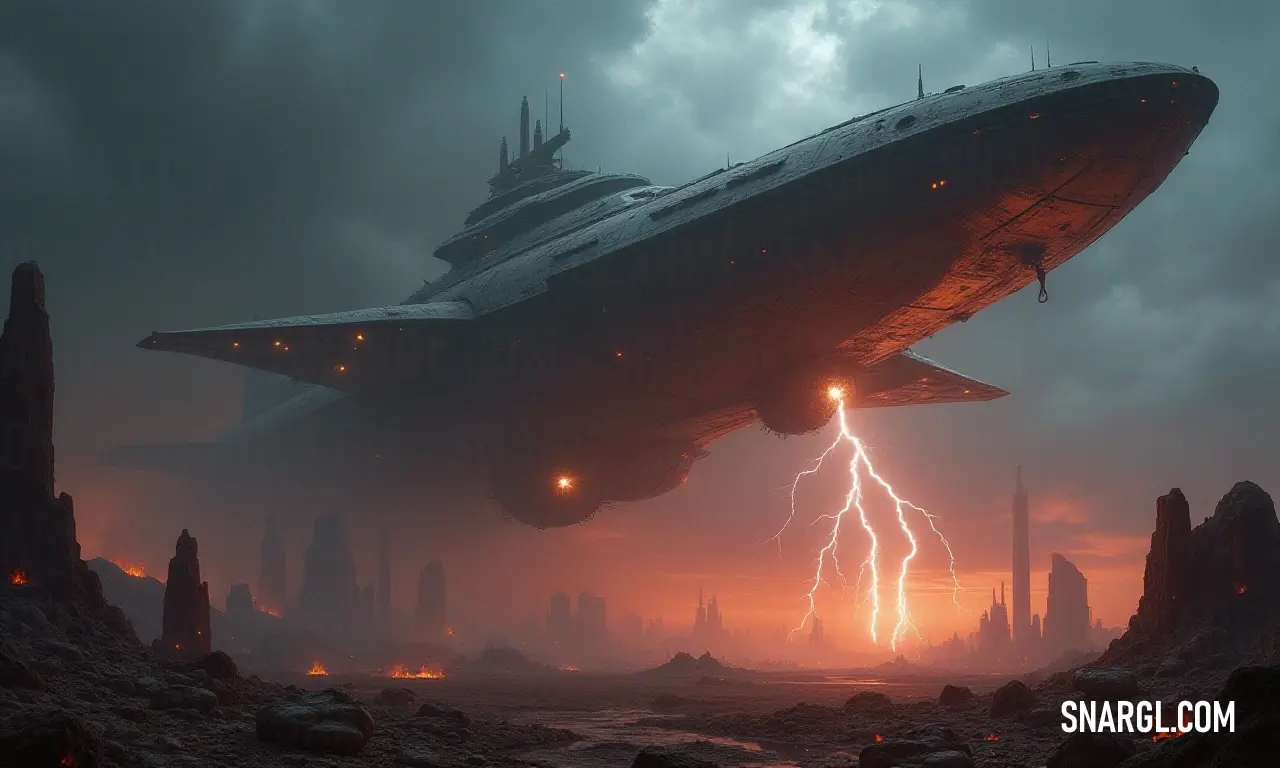 An imposing freighter sails through vast, turbulent waters as a dramatic lightning bolt slices through the stormy sky above, while a vibrant city skyline looms in the distance, illuminated by the flash of nature's fury.