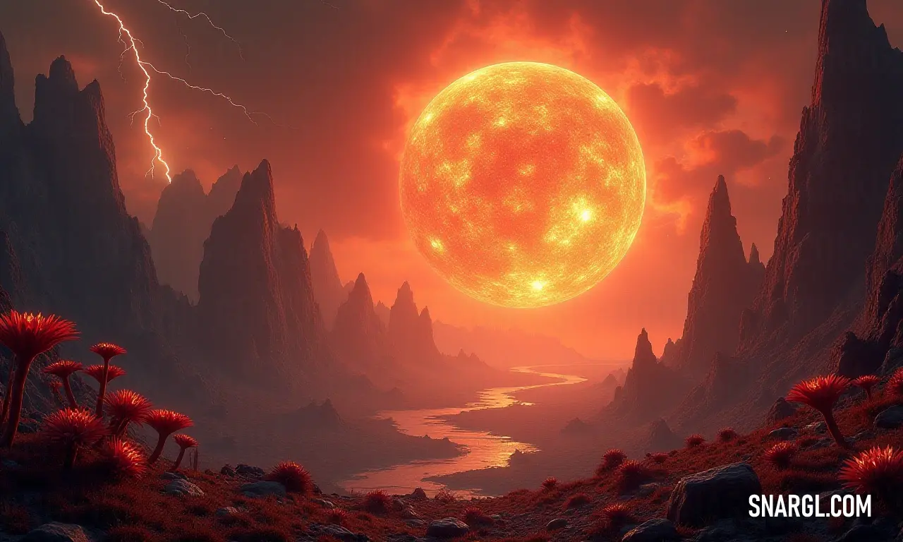 A mesmerizing painting unfolds a beautiful sun setting over rolling mountains, with a vibrant river flowing beneath a sky splashed with lightning bolts, capturing the wild beauty and contrasts of nature's elements.