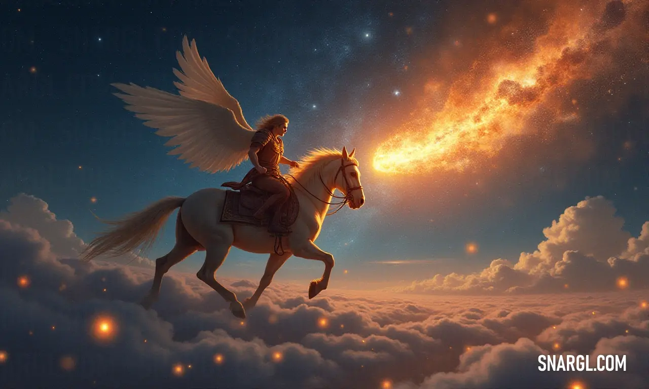 A valiant rider, spirit soaring, traverses the skies atop a powerful horse, enveloped by a shimmering orange cloud, embodying the essence of freedom and adventure in the vast blue expanse above. A noble figure rides a majestic horse through a vast, open sky, illuminated by the warm glow of an orange cloud, symbolizing freedom and the exhilarating spirit of exploration against a stunning backdrop.