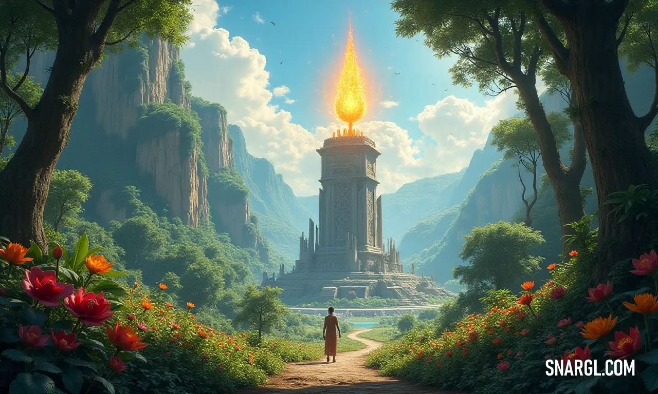 An ethereal flame flickers majestically in the heart of a lush forest, with a grand tower looming in the distance, capturing the essence of both tranquility and mystery in a surreal landscape.