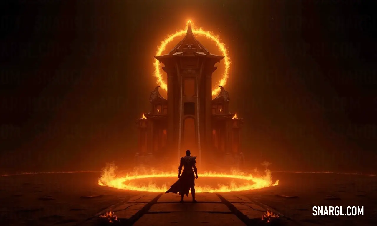 In an urban landscape, the Eternal Flame poses before a magnificent giant building, her luminescence echoing the awe-inspiring architecture that reaches for the sky, filled with stories untold. The striking figure of the Eternal Flame stands proudly in front of a grand, towering edifice, the sheer scale of the building contrasting with her radiant glow in this captivating urban scene.