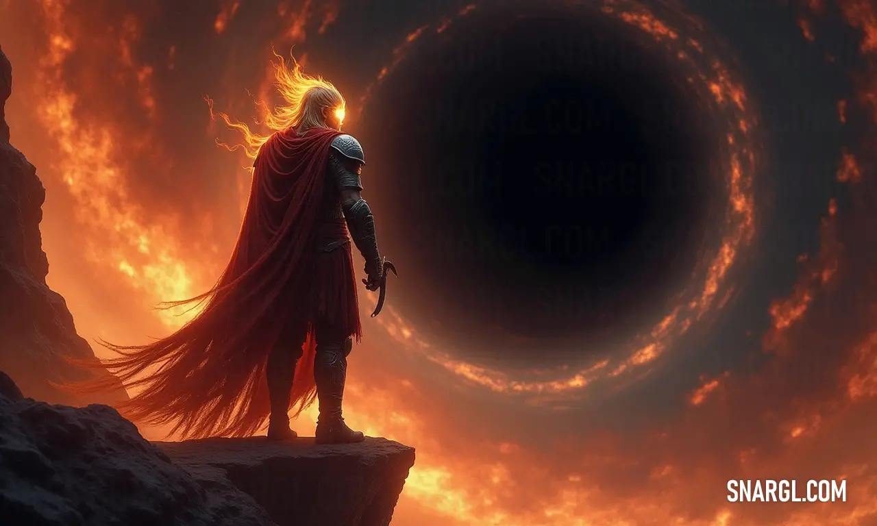 The Eternal Flame on a cliff, sword drawn, against a swirling black hole. A heroic figure known as the Eternal Flame stands resolutely on a jagged cliff, grasping a shining sword. Behind him, a swirling black hole looms ominously in the night sky, casting an ethereal glow on his form, symbolizing courage against the abyss.