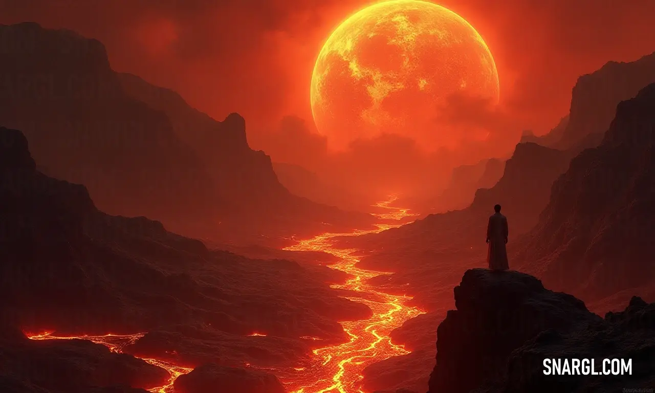 A powerful scene featuring the Eternal Flame on a dramatic cliff, as a striking red sun sets over the tranquil river in a fertile valley surrounded by majestic mountains. The Eternal Flame stands valiantly upon a rugged cliff, with the fiery red sun dipping below the horizon, casting warm reflections over the flowing river that winds through the lush mountain valley.