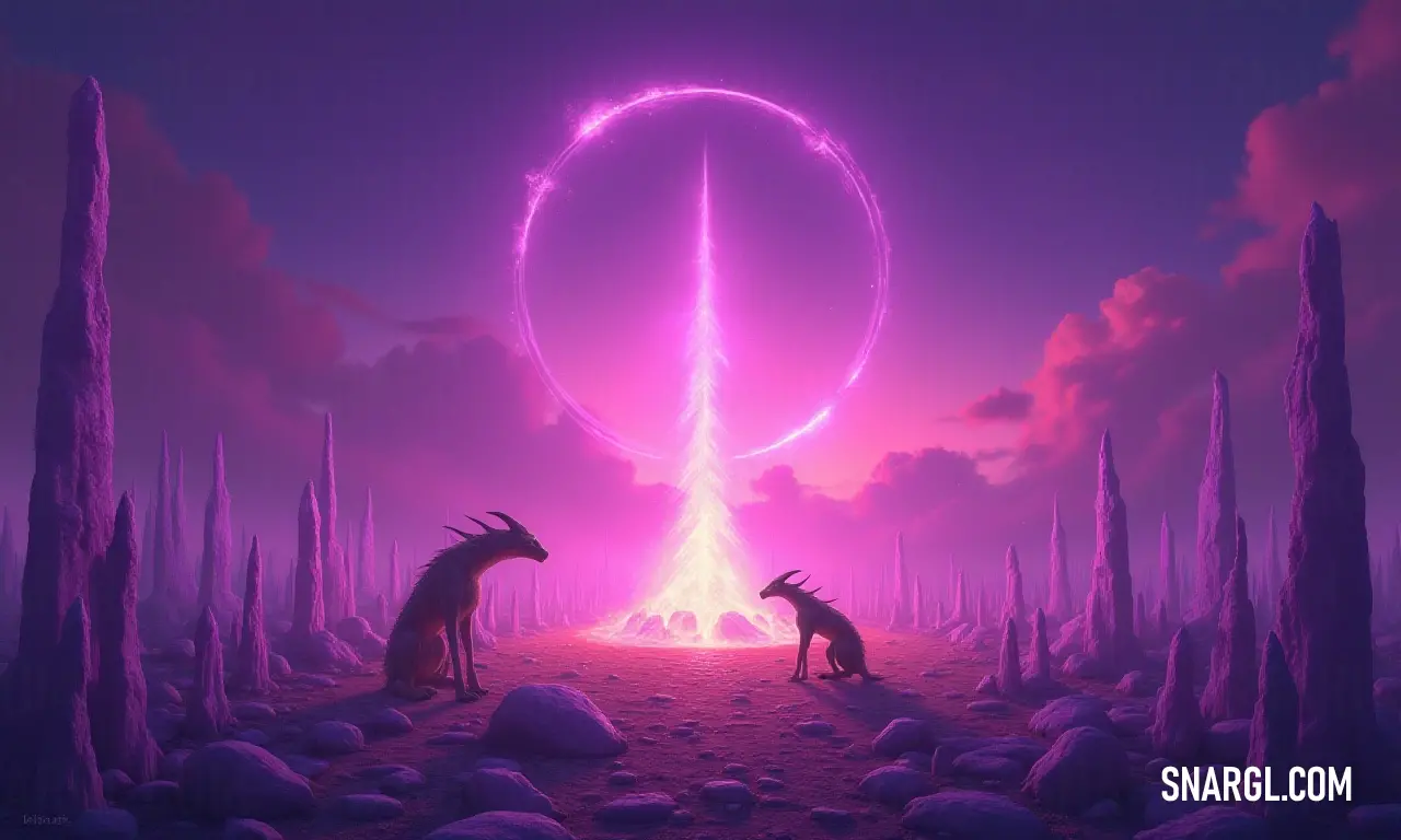 In a vast desert, two majestic animals stand alert, gazing toward an imposing ring structure that promises adventure, as the golden sands stretch into the horizon. Two exotic creatures perch gracefully on a sandy expanse, their eyes fixed on a colossal ring in the distance, creating an air of mystery and adventure amidst the endless desert landscape.