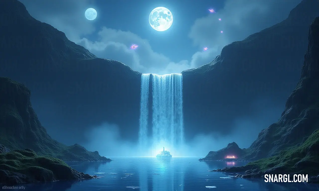 A serene waterfall and a tranquil boat under the soft glow of a full moon, creating a peaceful night scene rich with natural beauty and calm. A mesmerizing waterfall cascades gracefully into serene waters, where a solitary boat floats gently beneath the resplendent glow of a full moon, creating a tranquil scene that embodies peace and reflective beauty in the stillness of night.