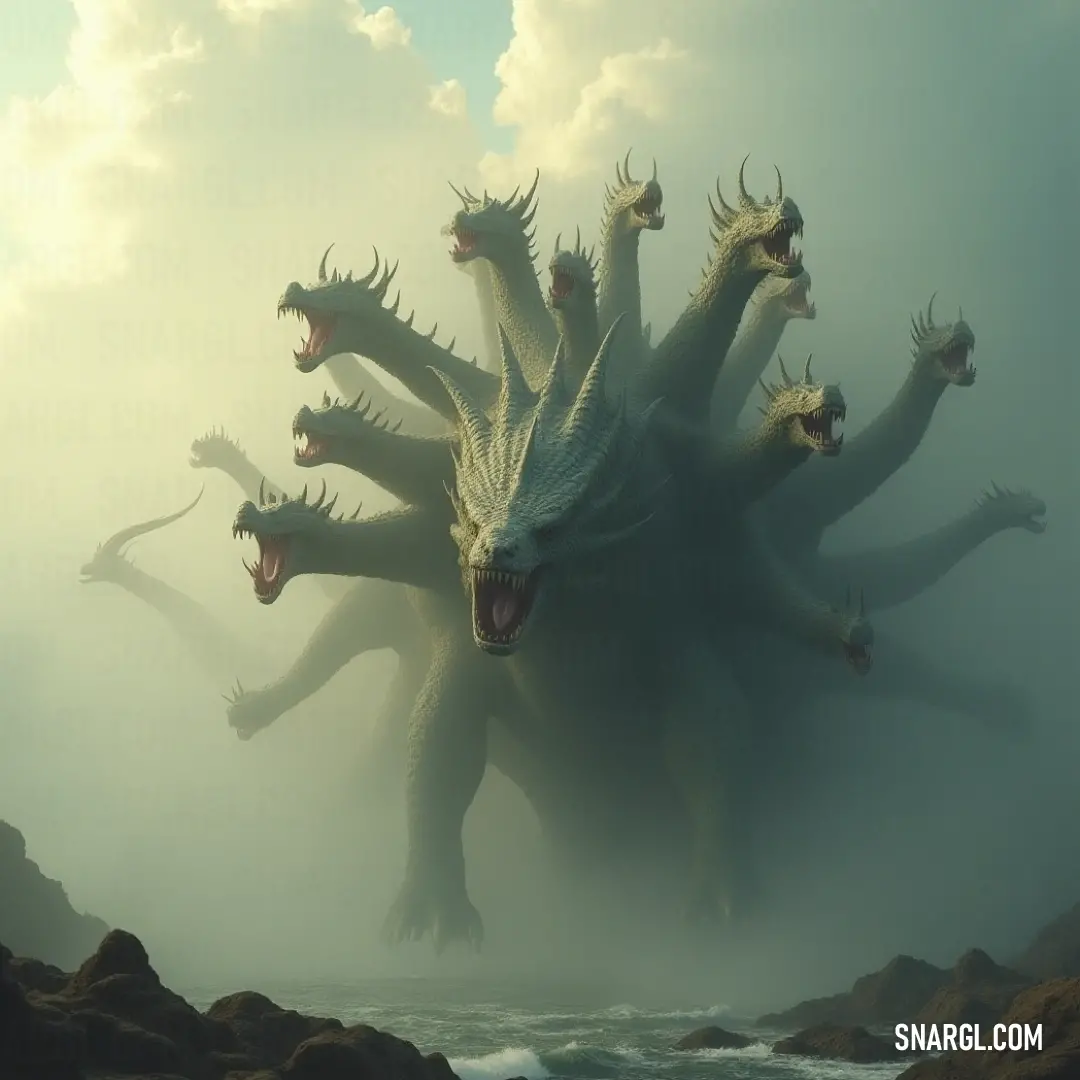 Dynamic group of godzillas roaring on a rocky beach shrouded in fog with shimmering water below. A fierce group of godzillas roars dramatically on a rocky beach, fog swirling around them. The surreal landscape is enhanced by the body of water gleaming below, combining elements of nature with the sheer power of these legendary creatures.