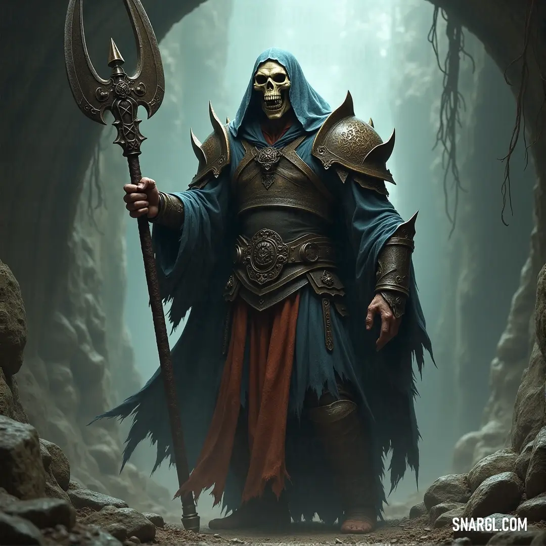 A shadowy figure in a cave, grasping an axe, a sceptre, and a skull—emblematic of eternal rest and the power that comes with it, ruling over the dark forces. A dark, foreboding cave is the backdrop for a mysterious figure holding an imposing axe and a sceptre, both symbols of power. The figure's hand grips a skull, a chilling reminder of their eternal dominion over death.