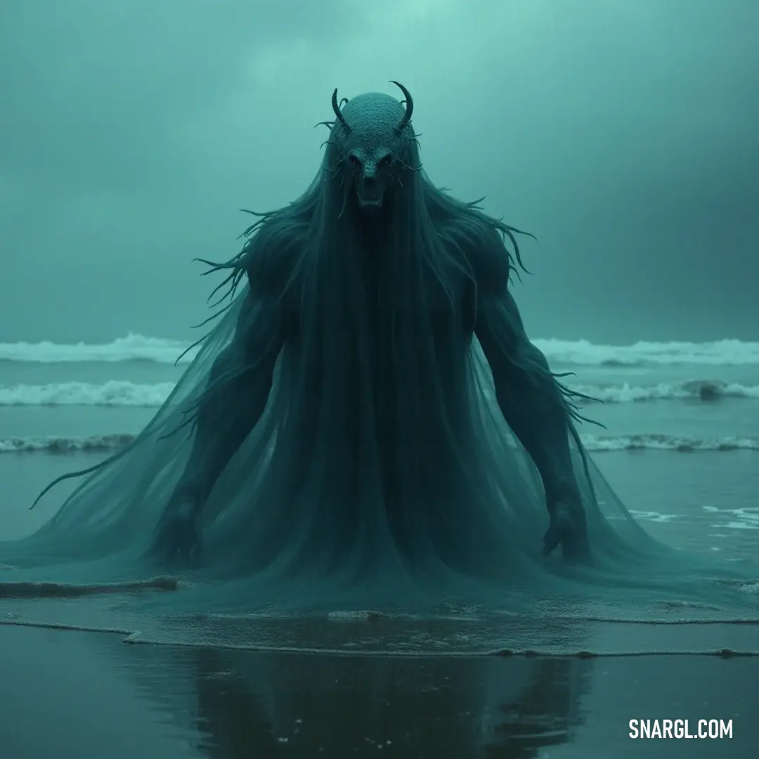 A mysterious figure named Eternal Shade glides gracefully through the shimmering waters of a secluded beach, draped in an elegant long dress that flows like liquid silk around her, embodying beauty intertwined with an otherworldly presence.