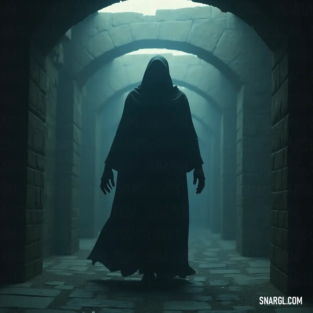 An enigmatic Eternal Shade in a flowing hooded robe walks through a shadowy tunnel, with a distant light promising escape from the darkness. An enigmatic Eternal Shade, cloaked in a flowing robe, traverses the dim confines of a dark tunnel, with a single illuminated exit beckoning from afar.