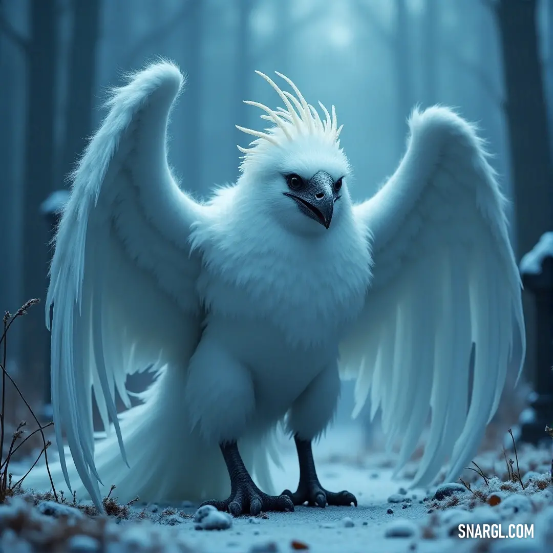 The ethereal white Etherwing stands in a snow-covered forest, surrounded by trees and fog, evoking a sense of calm and mystery. A graceful white Etherwing with snowy feathers stands quietly in a mystical forest, with trees covered in snow and mist creeping through the scene. The tranquil silence is almost palpable.