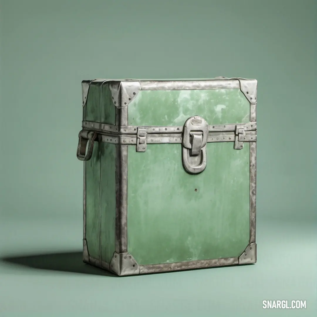 Green suitcase with a metal handle on a green background. Example of RGB 150,200,162 color.