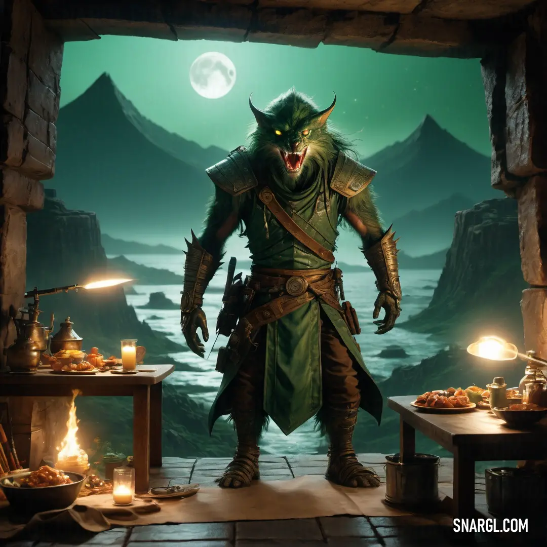 Man dressed in a demon costume standing in a cave with a full moon in the background and a table with a candle lit candle on it
