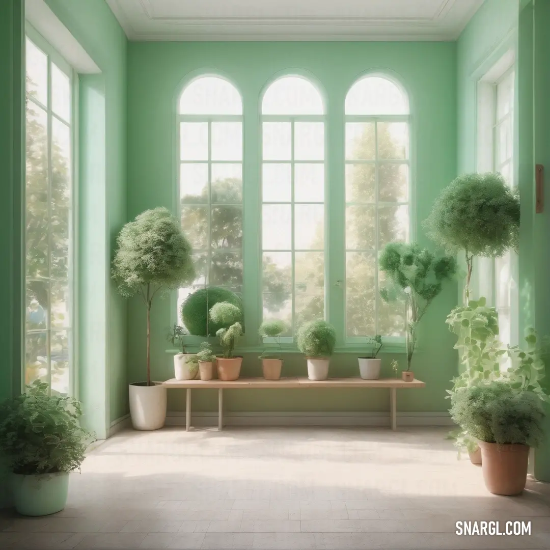 Room with a bench and several potted plants in it and a window with large windows behind it. Example of RGB 150,200,162 color.