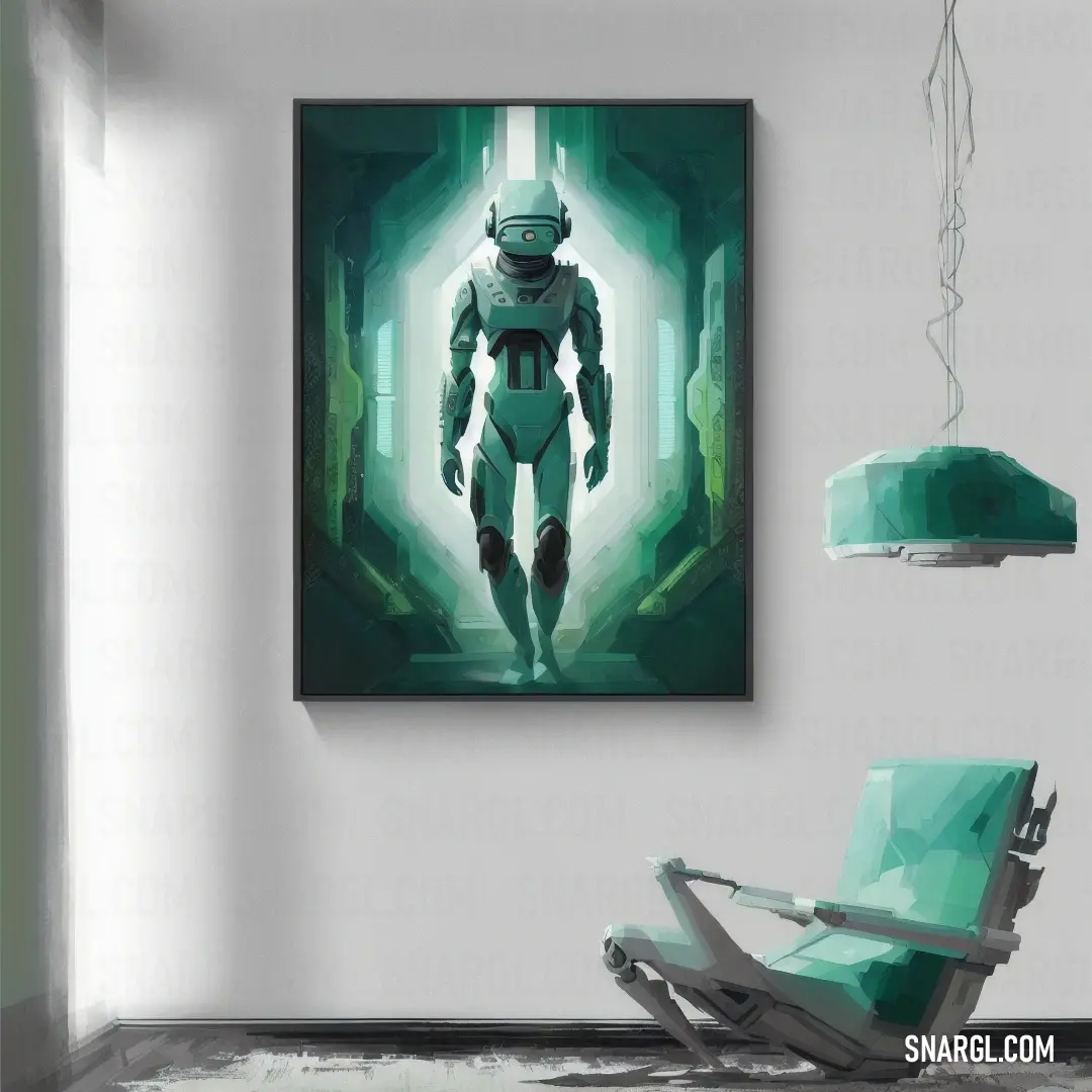 Room with a chair and a painting on the wall of it that has a robot in it