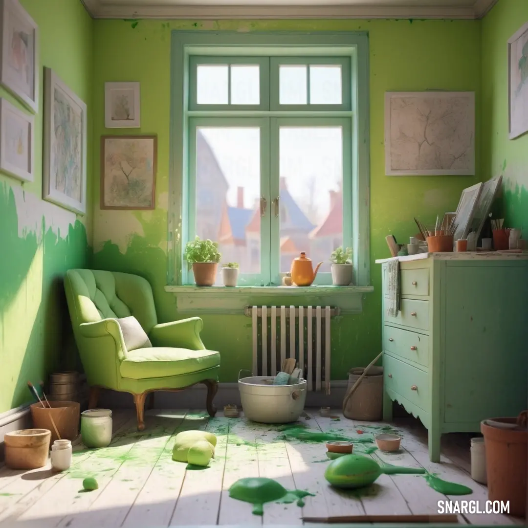 Room with green walls and a green chair and a window with green paint on it. Example of Eton blue color.