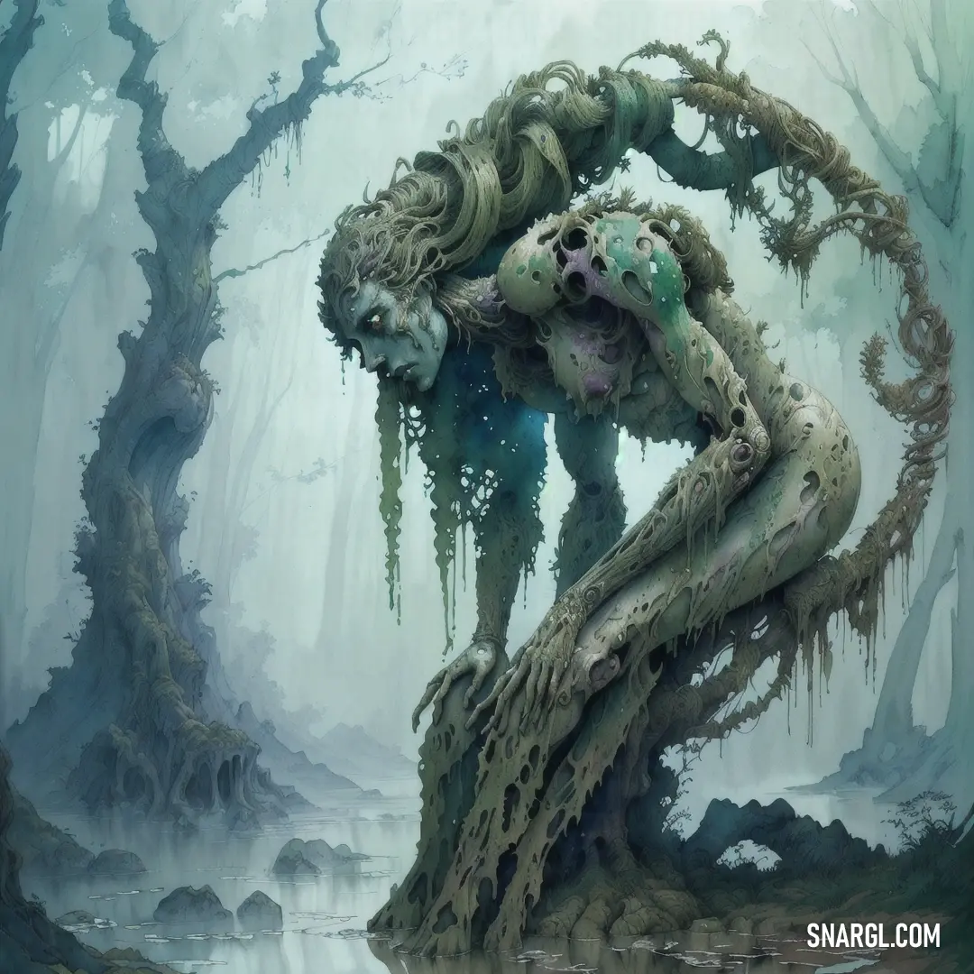 Strange looking creature in a forest with trees and water in the background