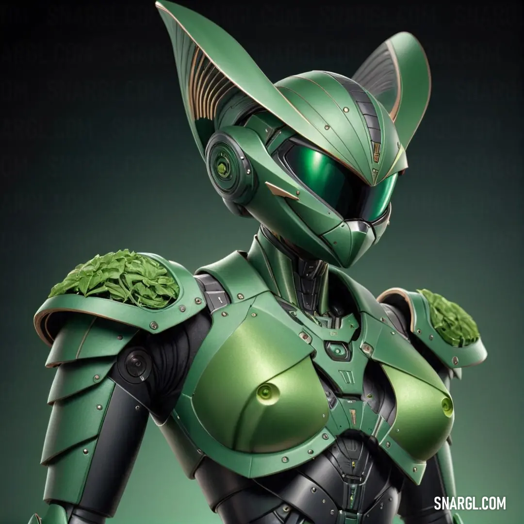 Woman in a green suit with a helmet and a green tail on her head. Color Eton blue.