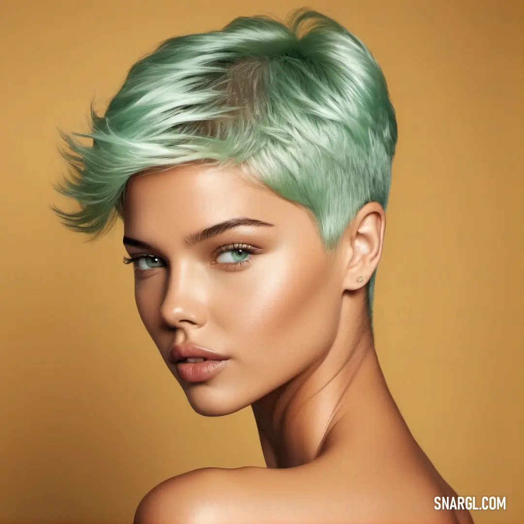 Woman with green hair and a short pixied haircut is shown in a digital painting style