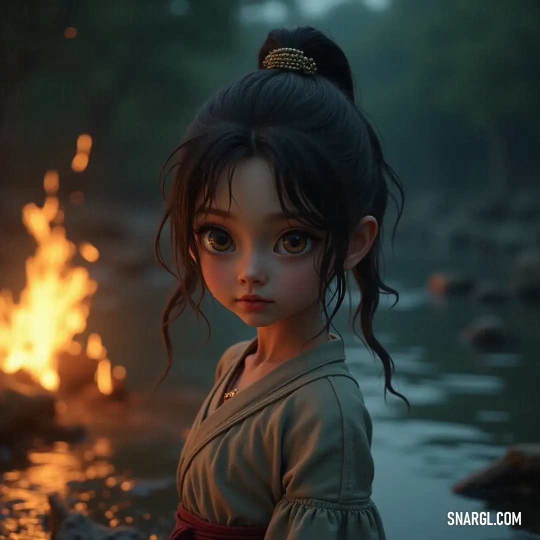 A playful young girl stands before a crackling fire pit, captured in a moment of wonder and warmth. A vibrant young girl with a playful ponytail stands confidently in front of a flickering fire pit, the warmth of the flames illuminating her features as she gazes into the flames, surrounded by a cozy ambiance that invites adventure and stories.