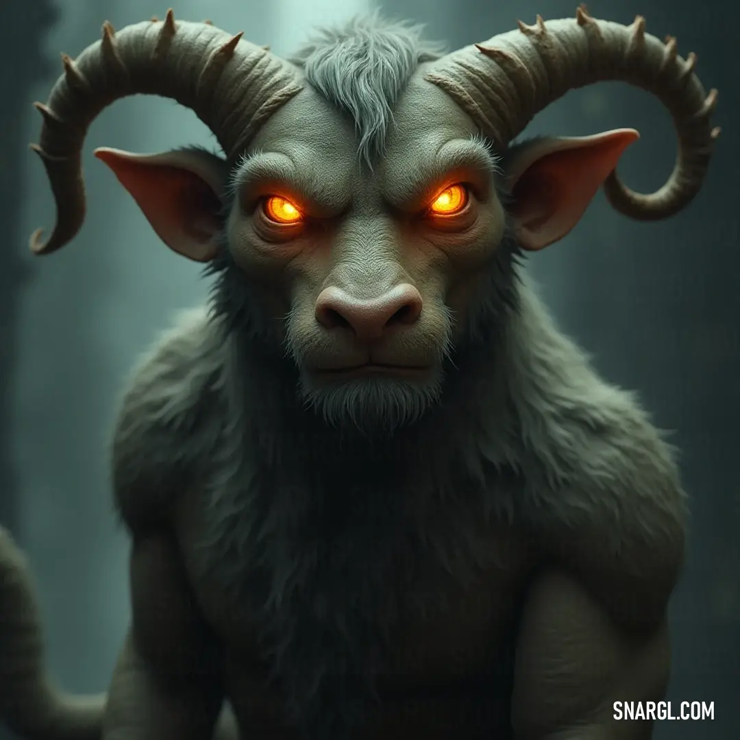 Against an otherworldly backdrop, the horned Euboios glows with an intense light in his piercing eyes, creating an aura full of mystery and power. This striking figure captivates viewers as they explore the depths of his mythical presence.