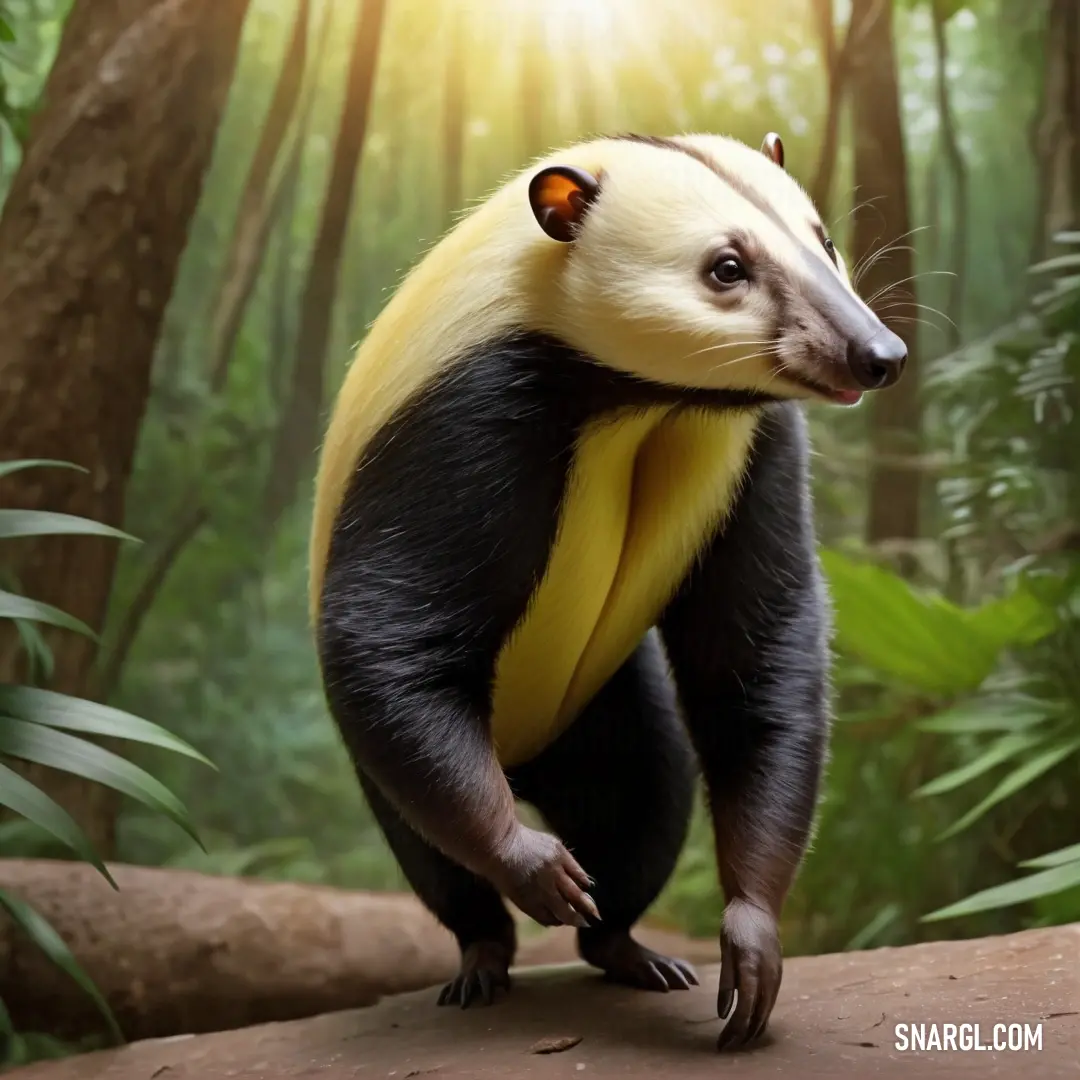 Badger standing on a log in a forest with a banana in its mouth and a sunbeam in the background
