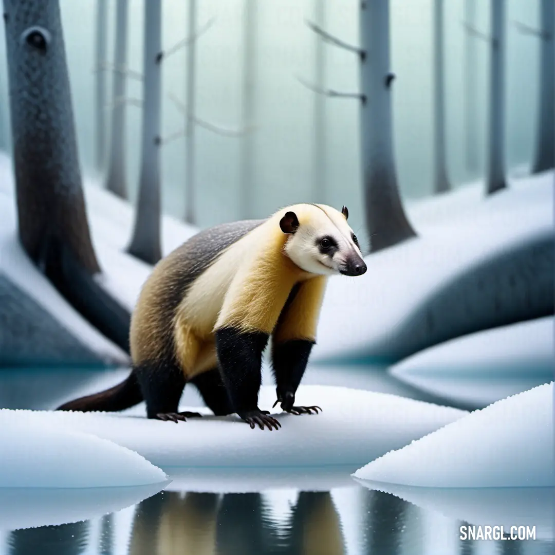 Badger standing on a snowy surface in a forest with trees and water in the background