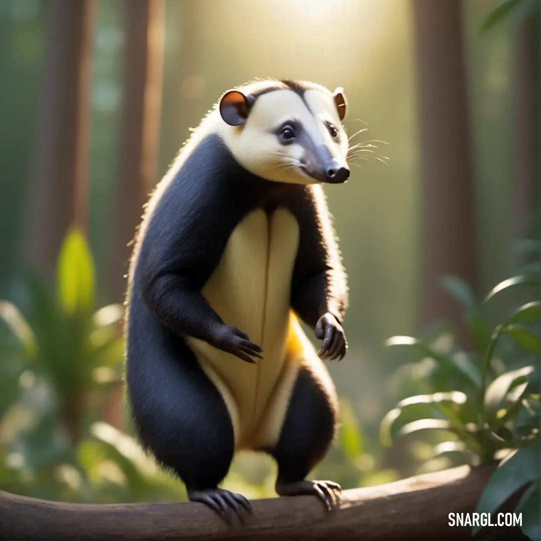 Large Eurotamandua standing on a tree branch in the forest with sunlight shining through the trees behind it and a sunbeam in the background