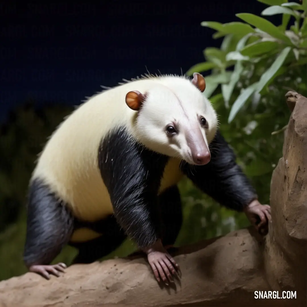 Large white and black Eurotamandua standing on a tree branch at night time with a dark background