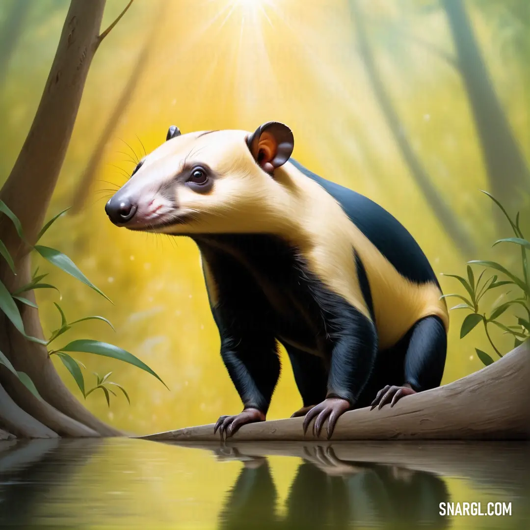 Painting of a yellow and black Eurotamandua on a branch in a forest with water and trees in the background