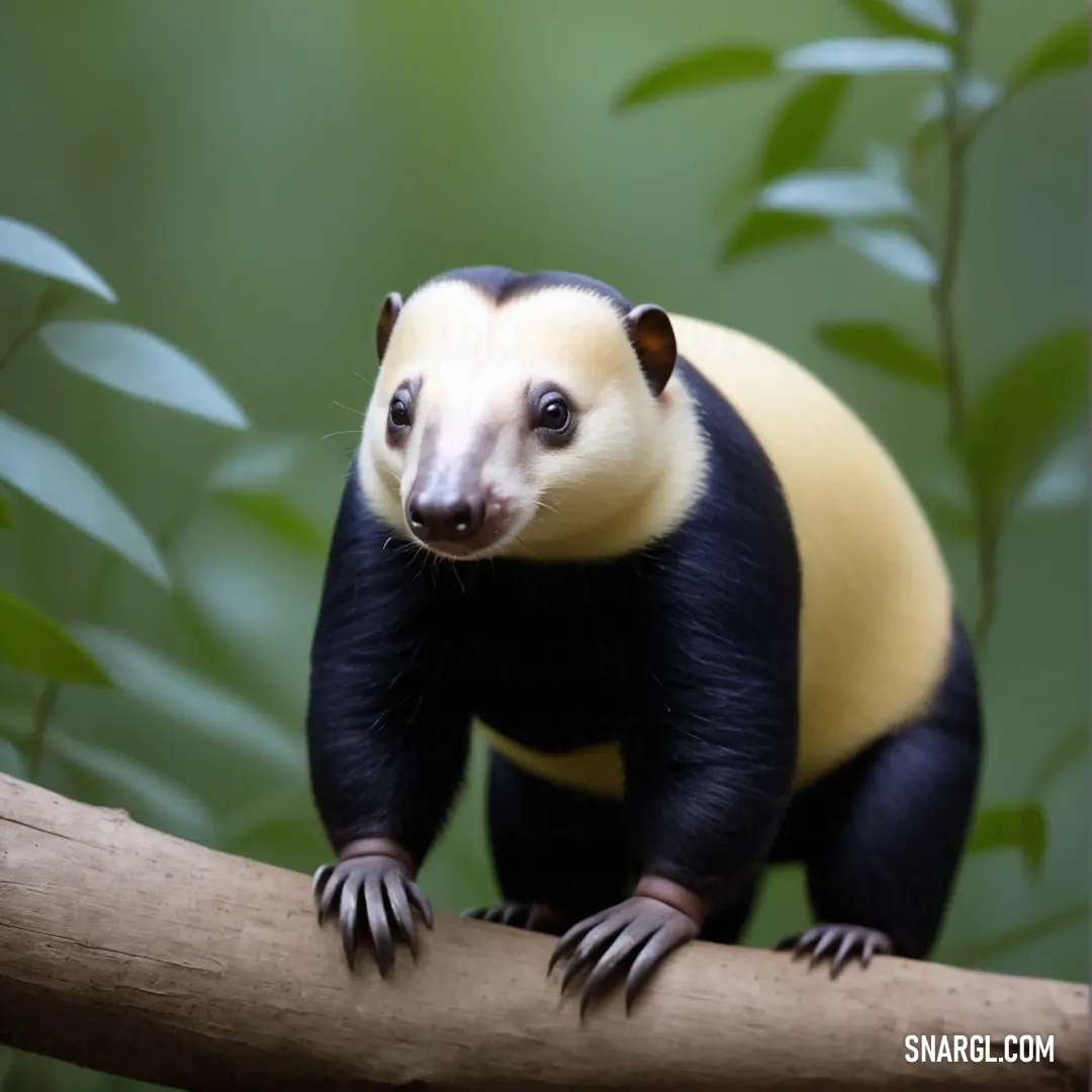 Small Eurotamandua is standing on a branch in a forest setting with green leaves and a blurry background