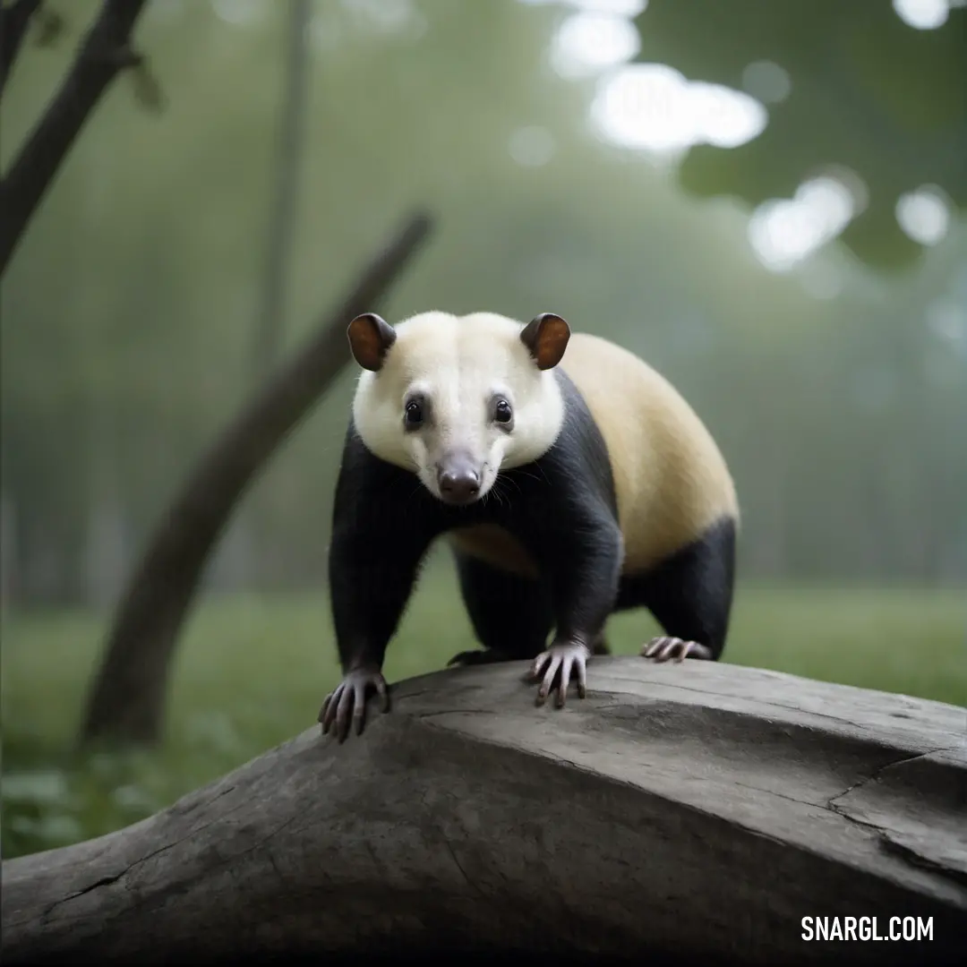 Small Eurotamandua standing on a log in a forest area with trees in the background