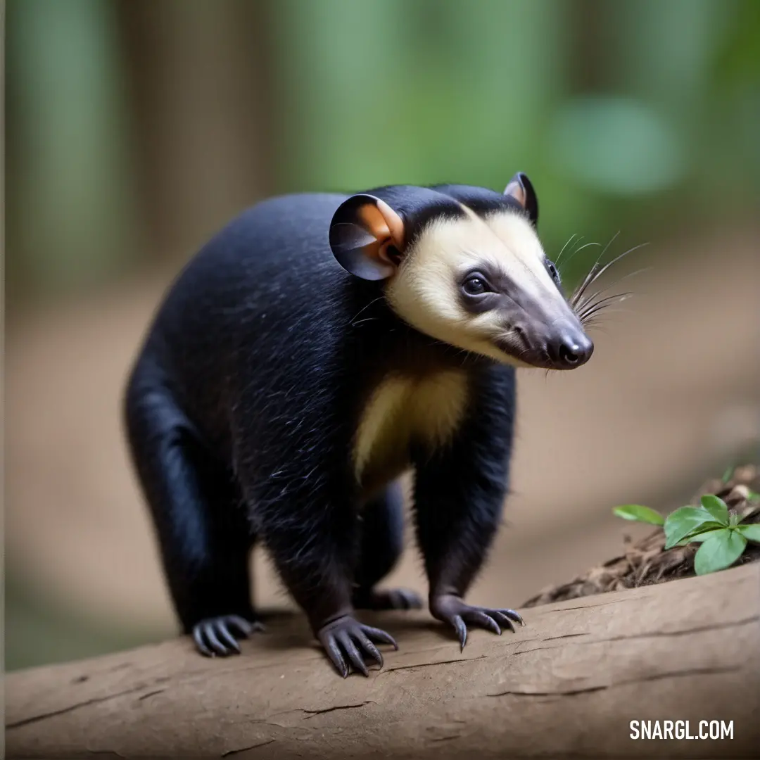 Small Eurotamandua standing on a log in a forest area with a blurry background
