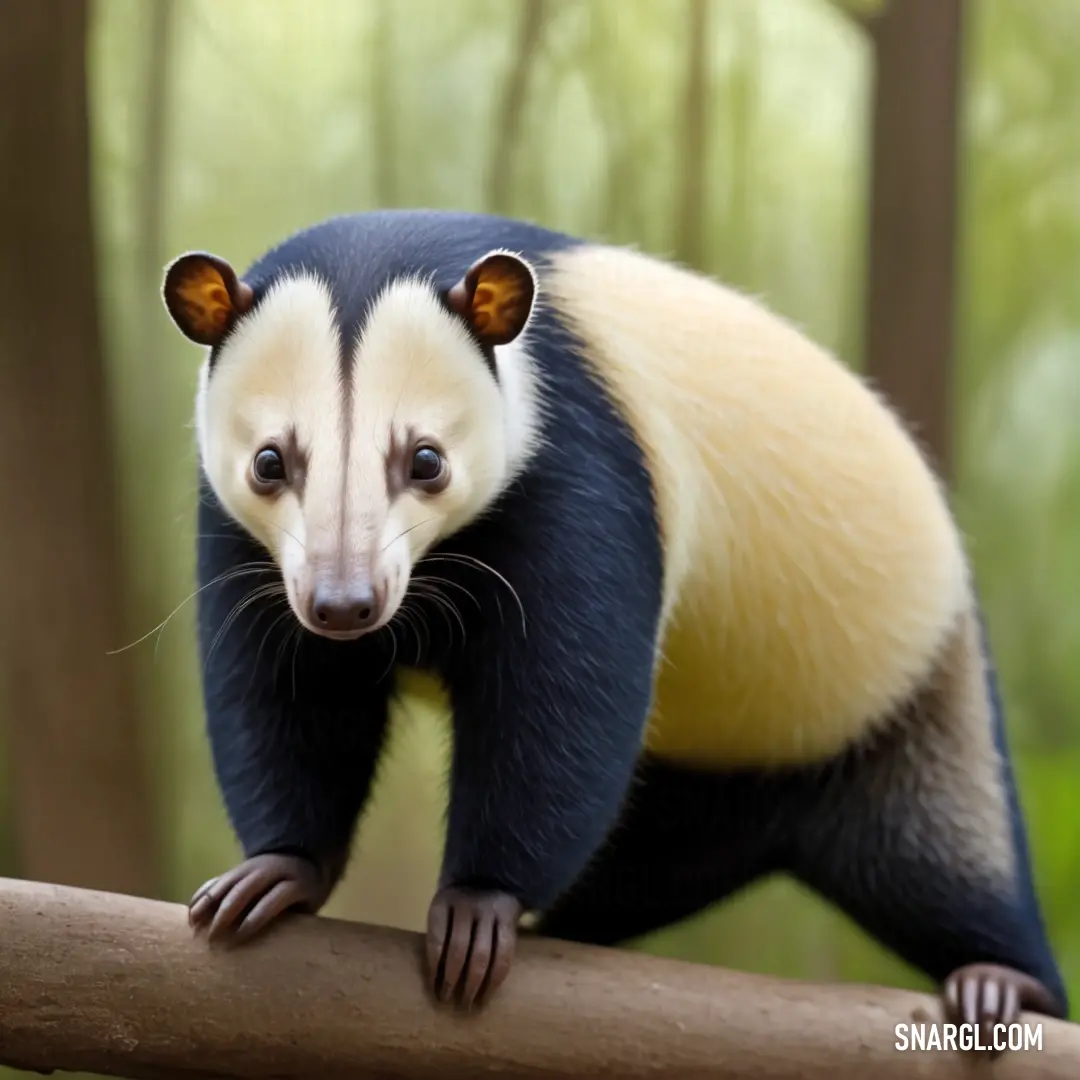 Small Eurotamandua standing on a wooden stick in a forest area with trees and grass in the background
