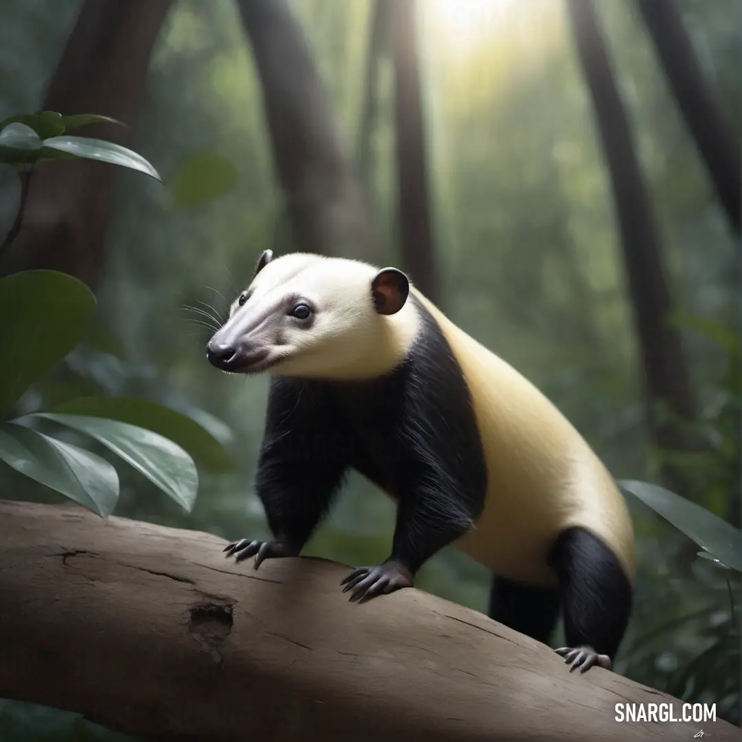 Small Eurotamandua standing on a tree branch in a forest with sunlight shining through the trees behind it