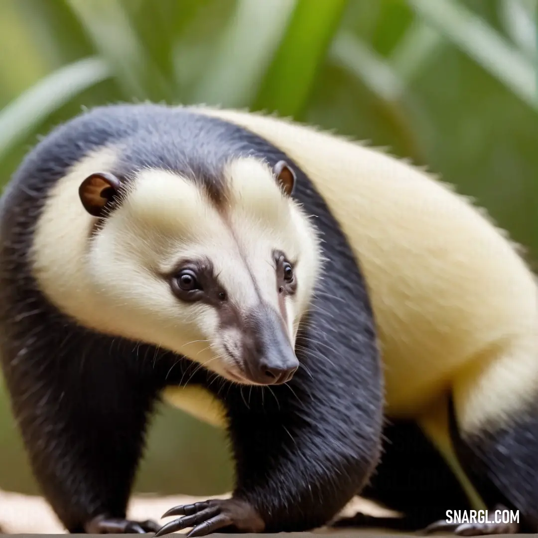 Small Eurotamandua with a black and white body and a yellow belly and head and a green leaf behind it
