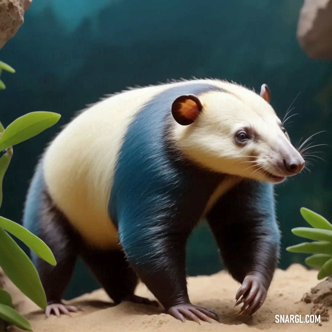 Small Eurotamandua with a blue and white tail and a brown nose and tail