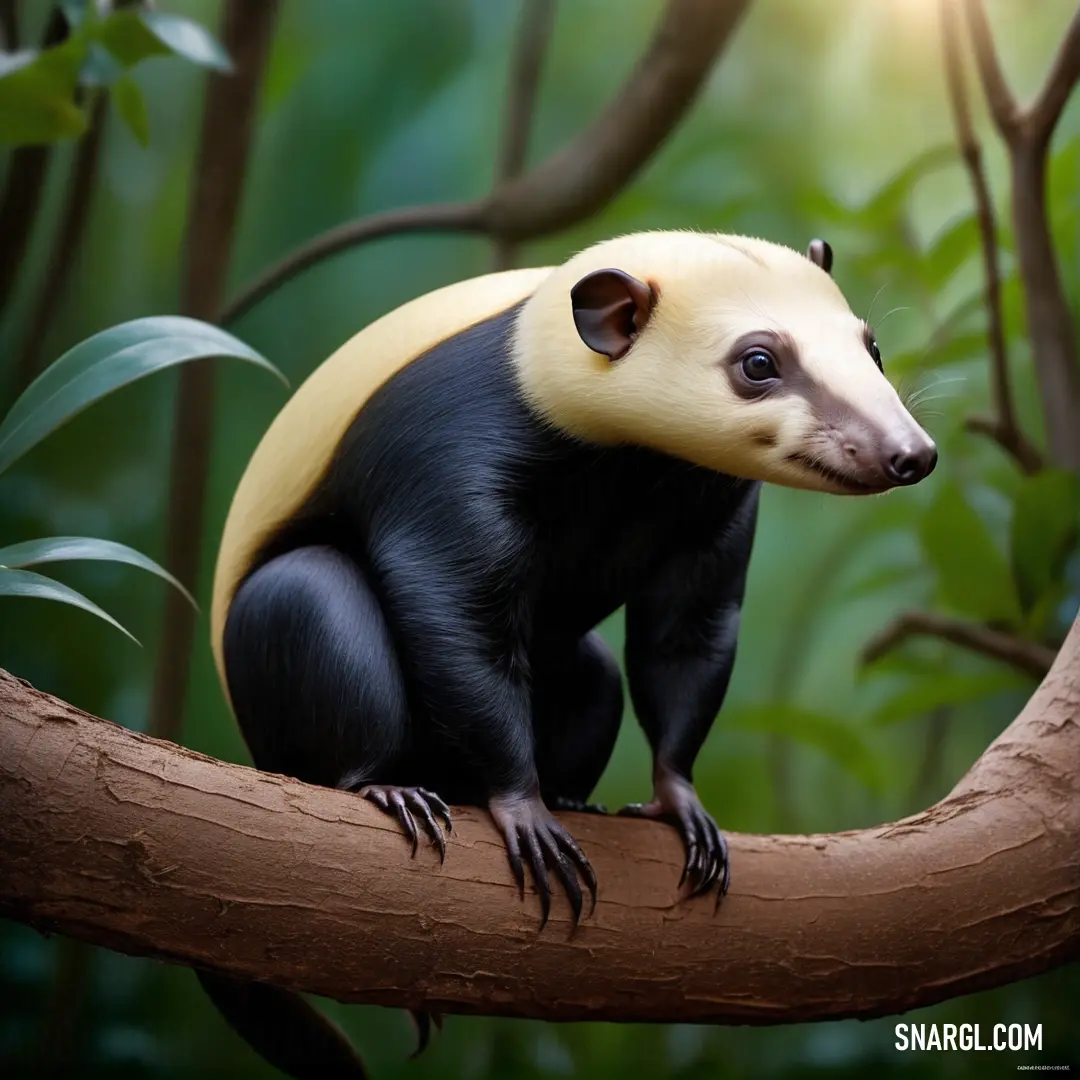 Small Eurotamandua with a yellow hat on a branch in a forest setting with trees and foliage behind it
