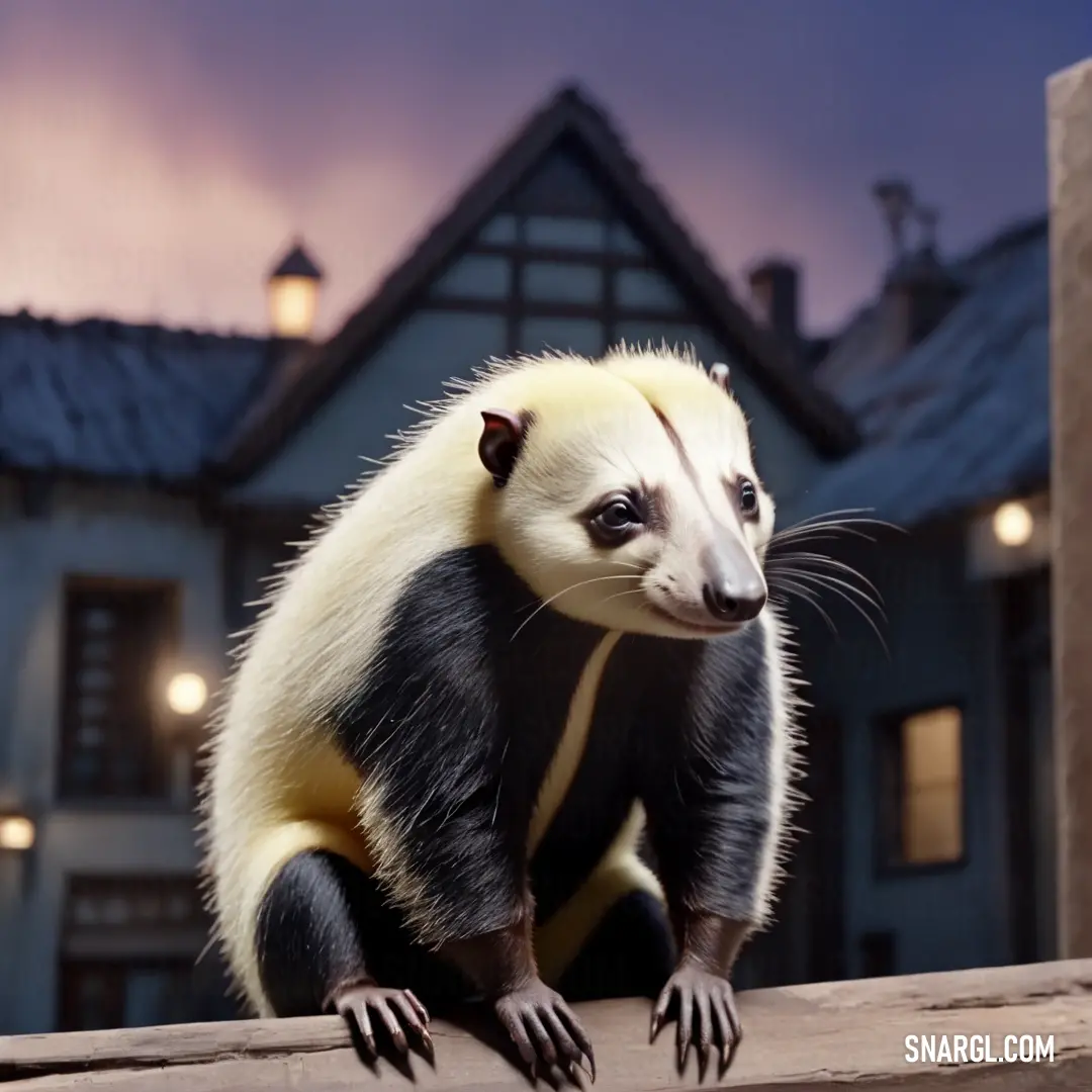 Stuffed Eurotamandua on top of a wooden fence next to a building at night time with lights on