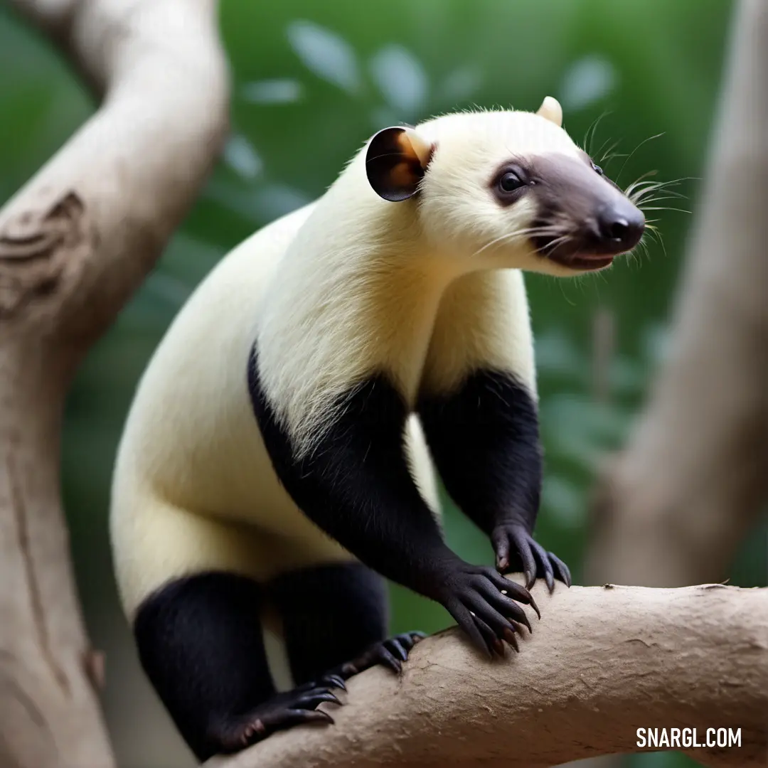 White and black Eurotamandua on a tree branch in a forest area with green leaves in the background