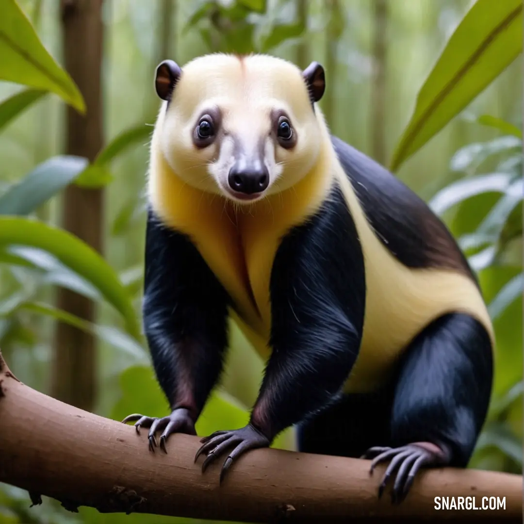Yellow and black Eurotamandua on a tree branch in a forest of trees and plants, with a blurry background