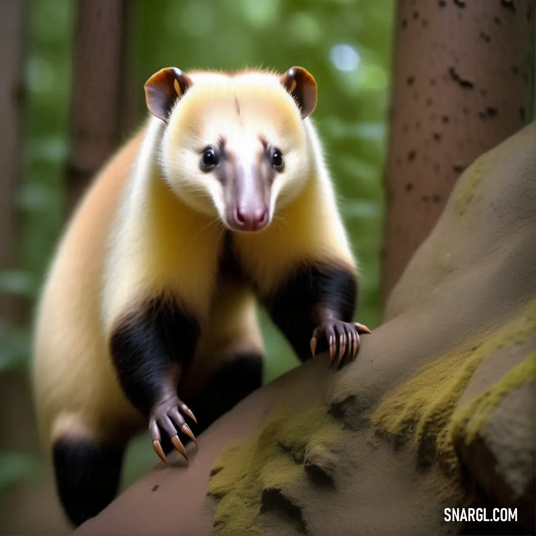 Yellow and black Eurotamandua standing on a tree branch in a forest area with trees and grass in the background