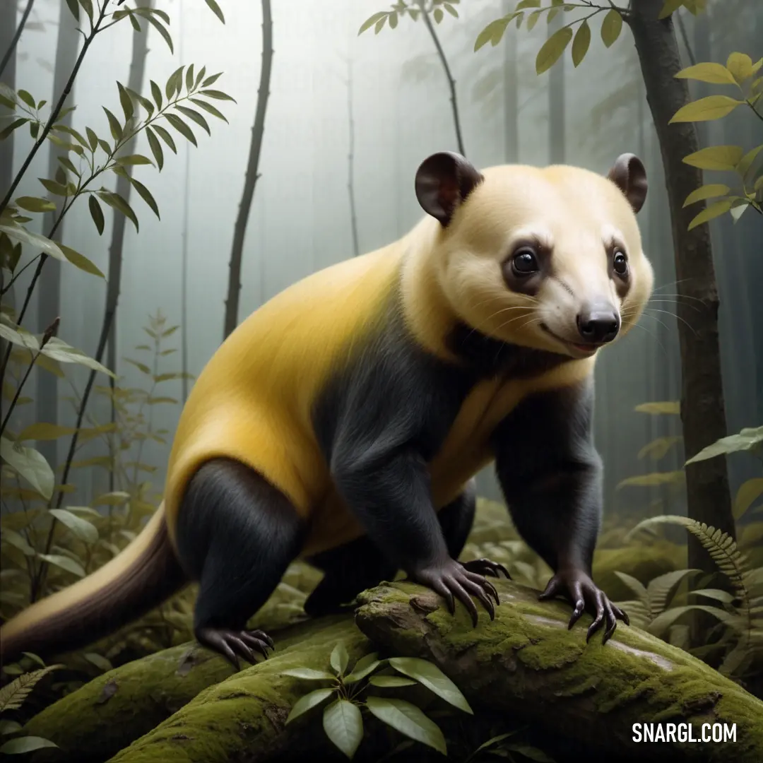 Yellow and black Eurotamandua standing on a log in a forest filled with trees and plants