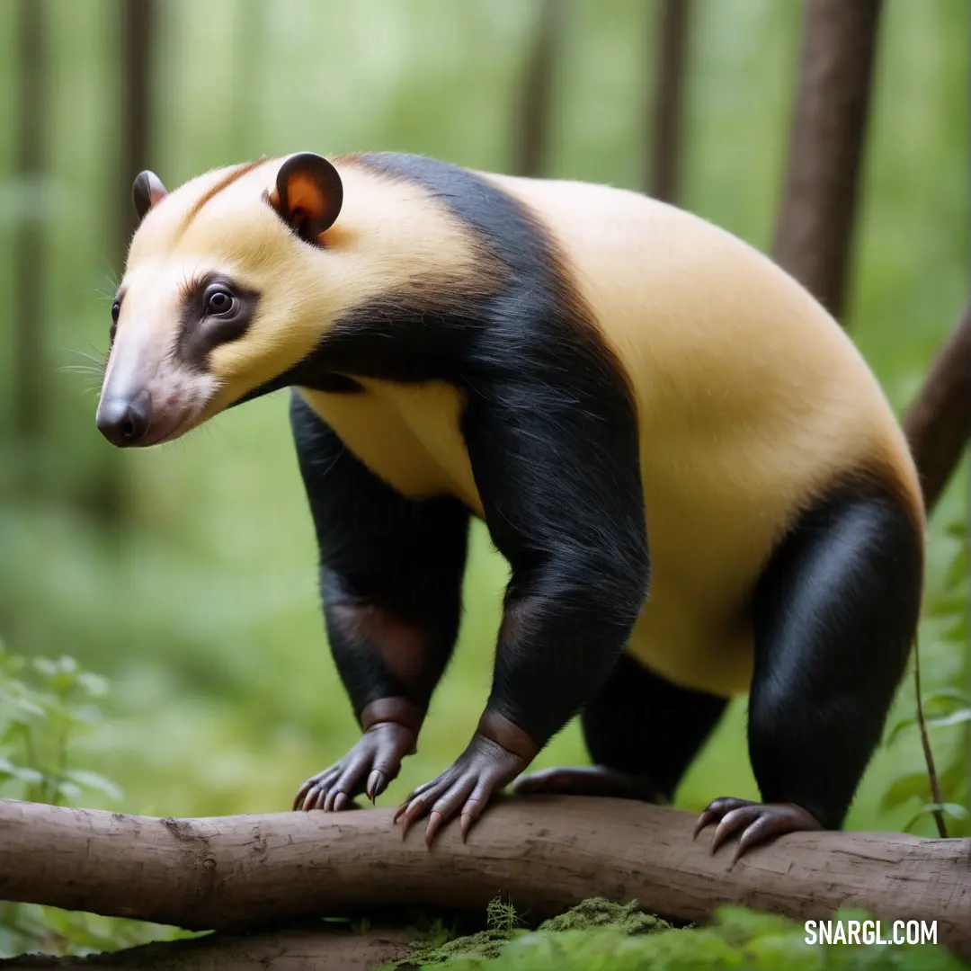 Yellow and black Eurotamandua standing on a log in the woods with trees in the background