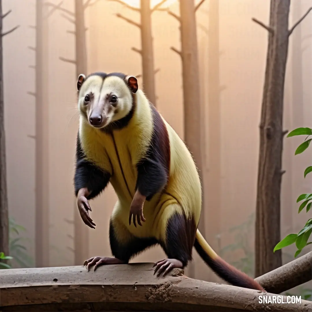Yellow and black Eurotamandua standing on a log in a forest with trees and bushes in the background