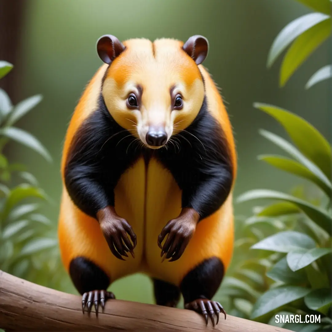 Yellow and black Eurotamandua on a branch in a forest of trees and plants, with a green background