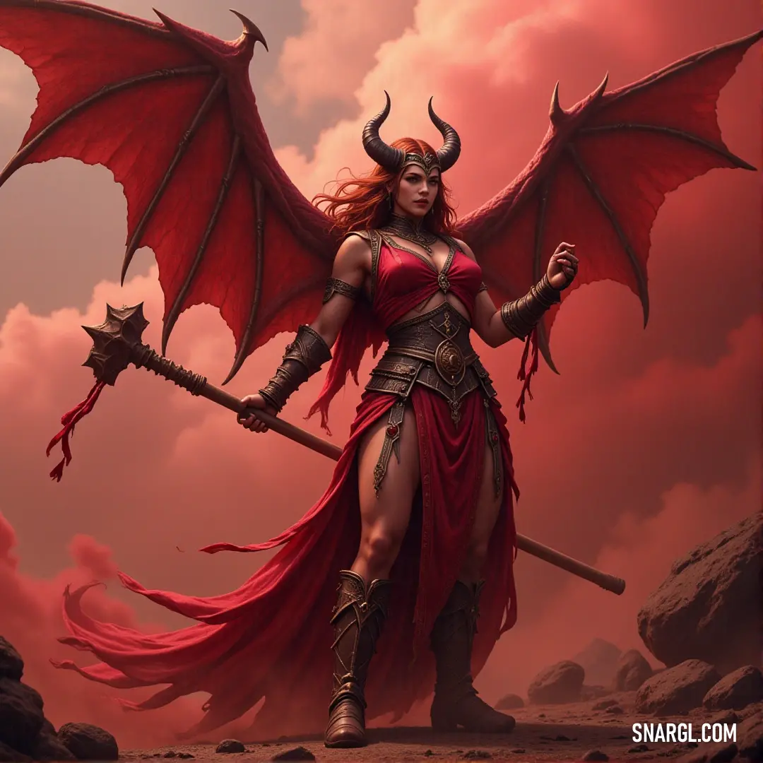 Euryale, dressed in a striking red demon-inspired outfit, wields a sword with unyielding determination, surrounded by an aura of battle readiness and strength. A fierce warrior named Euryale, clad in a vibrant red demon-like outfit, stands with a sword in her hand, ready for battle. Her intense gaze reflects the power she possesses as the winds whip around her in an atmosphere of danger and mystery.