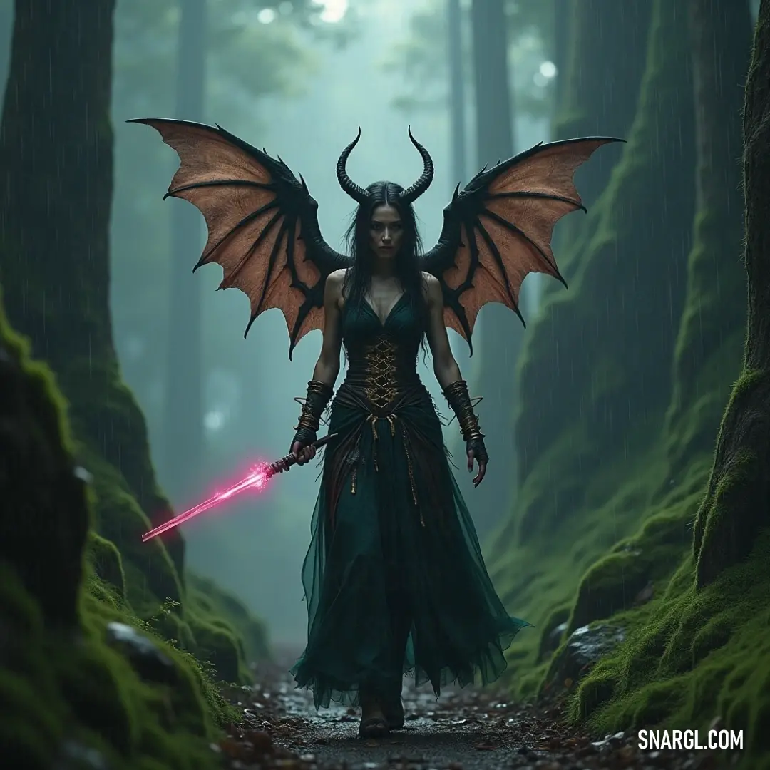 Euryale in a green dress, with dragon wings on her head and a sword ready, stands amidst the peaceful forest. Euryale stands confidently in a forest, a sword in hand and dragon wings resting on her head, while her flowing green dress blends with the natural beauty around her.